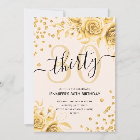 Goud All in One Floral Glitter 30e verjaardag Kaart (Voorkant)