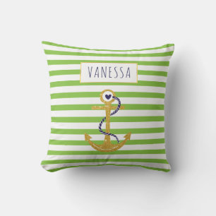 Goud anker groen gestreepte patroon trendy nautica buitenkussen