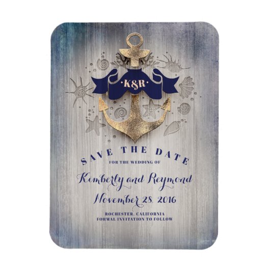 Goud Anker Navy Nautical Beach Save the Date Magneet (Verticaal)