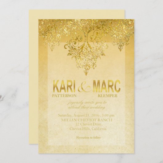 Goud & Antiek Ivoor Gatsby Glitter Flourish Kaart (Voorkant / Achterkant)