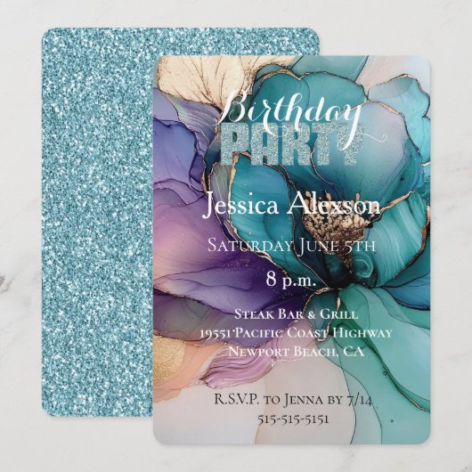 Goud Aqua Blauw Glitter Paarse Bloem Verjaardag  Kaart (Voorkant / Achterkant)