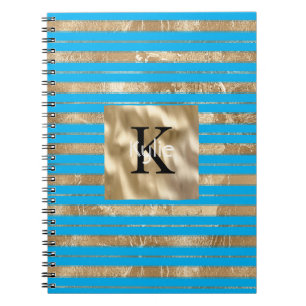 Goud Aqua Blauwe Strepen Monogram Naam Notitieboek