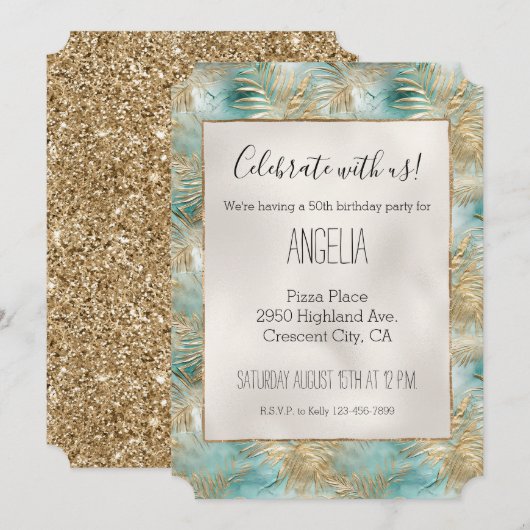 Goud Aqua Wit Tropische Bladeren Kaart (Voorkant / Achterkant)