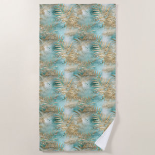 Goud Aqua Wit Tropische Bladeren Strandlaken
