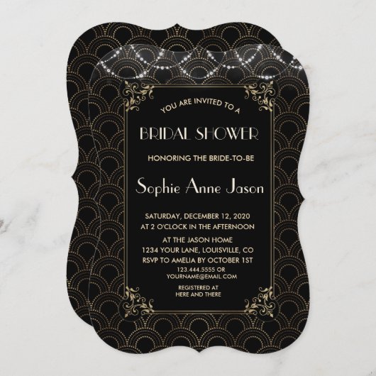 Goud Art Deco Fleur-de-lis Bruiloftsfeest in vinta Kaart (Voorkant / Achterkant)