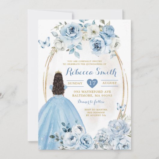 Goud Baby Blauw Bloemen Prinses Quinceañera Kaart (Voorkant)