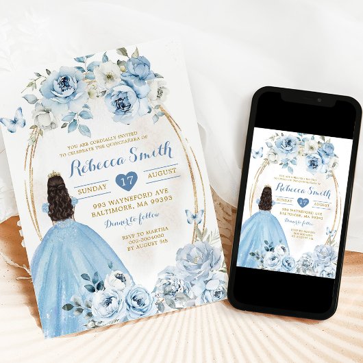 Goud Baby Blauw Bloemen Prinses Quinceañera Kaart