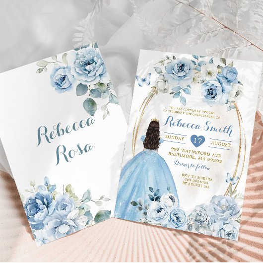 Goud Baby Blauw Bloemen Prinses Quinceañera Kaart