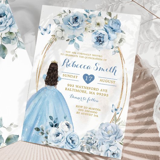 Goud Baby Blauw Bloemen Prinses Quinceañera Kaart