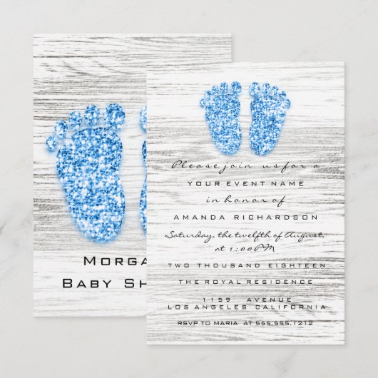 Goud Baby shower Voet Hout Rustisch Jongen Blauw Kaart (Voorkant / Achterkant)