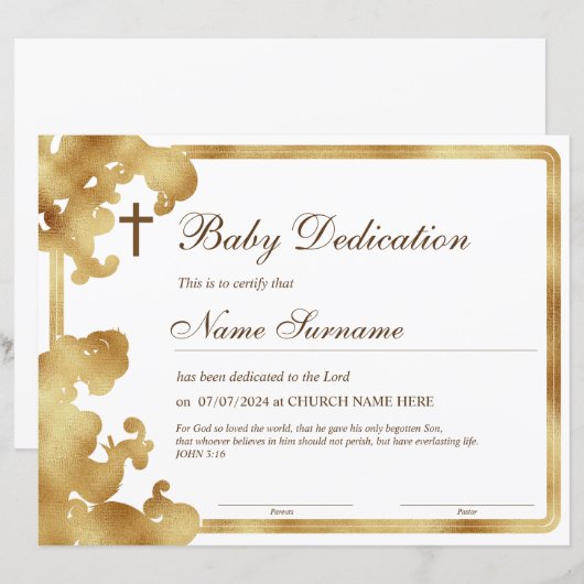Goud Baby Toewijdingscertificaat, Doop (Voorkant / Achterkant)