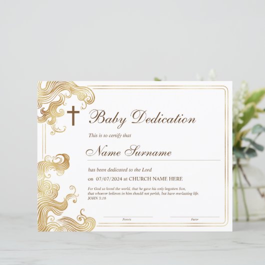 Goud Baby Toewijdingscertificaat, Doop (Staand voorkant)