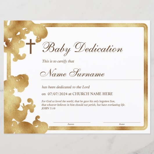 Goud Baby Toewijdingscertificaat, Doop (Voorkant)
