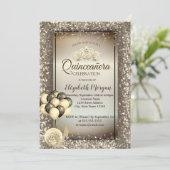 Goud, ballonnen, hakken, tiara bruin quinceañera kaart (Staand voorkant)