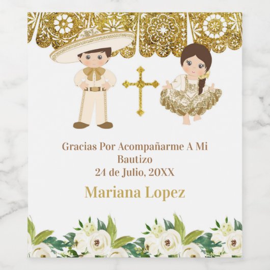 Goud baptisme Fiesta Twin Wine Fleslabel Wijn Etiket (Enkel label)
