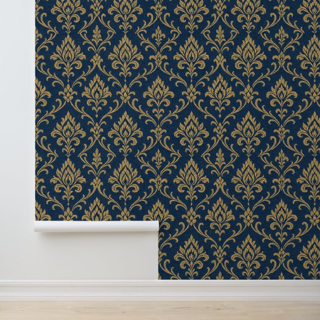Goud Barok Bloemen Donkerblauw Behang (Applicatie)