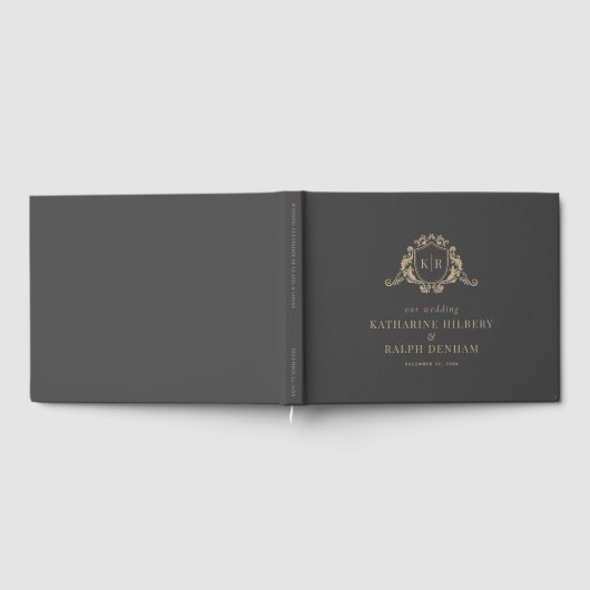 Goud Barok Crest Donker Grijs Monogram Bruiloft Gastenboek (Volledig)