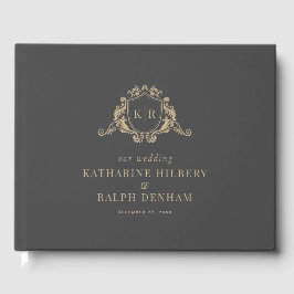 Goud Barok Crest Donker Grijs Monogram Bruiloft Gastenboek