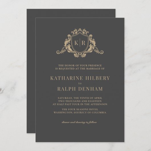 Goud Barok Crest Donker Grijs Monogram Bruiloft Kaart (Voorkant / Achterkant)