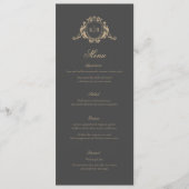 Goud Barok Crest Donker Grijs Monogram Bruiloft Menu (Voorkant)
