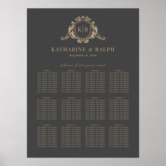 Goud Barok Crest Monogram Bruiloft Zitkaarten Poster (Voorkant)