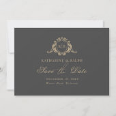 Goud Barok Crest Monogram Grijs Save the Date Kaart (Voorkant)