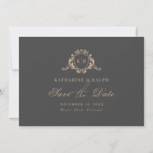 Goud Barok Crest Monogram Grijs Save the Date Kaart (Voorkant)