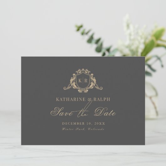 Goud Barok Crest Monogram Grijs Save the Date Kaart (Staand voorkant)