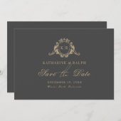 Goud Barok Crest Monogram Grijs Save the Date Kaart (Voorkant / Achterkant)