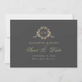 Goud Barok Crest Monogram Grijs Save the Date Kaart