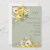 Goud & Beige Bloemen op Sage Bruiloft Uitnodiging (Voorkant)