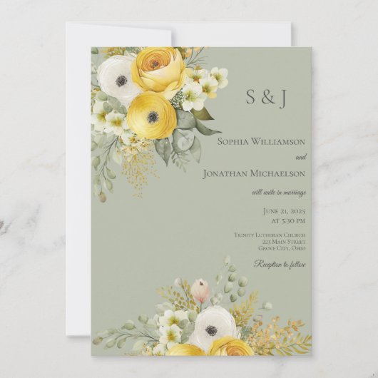 Goud & Beige Bloemen op Sage Bruiloft Uitnodiging (Voorkant)