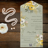 Goud & Beige Bloemen op Sage Green QR Code All In One Uitnodiging