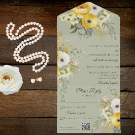 Goud & Beige Bloemen op Sage Green QR Code All In One Uitnodiging