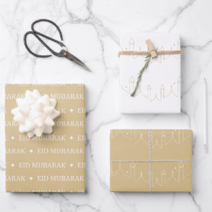 Goud Beige Eid Mubarak Masjid Patroon Ontwerp Inpakpapier Vel