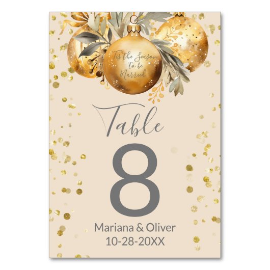 Goud Beige Kerst Bruiloft Tafel Nummer Kaart (Voorkant)