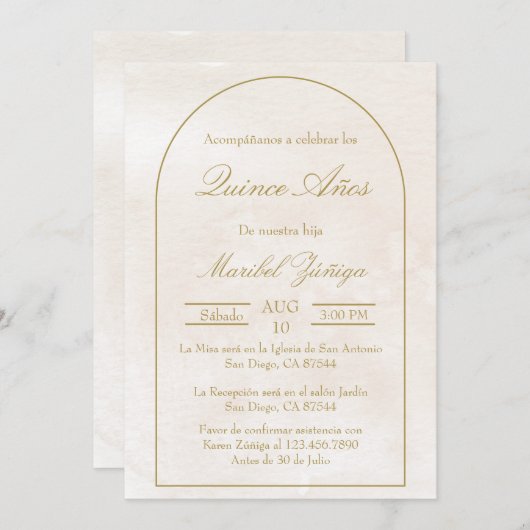Goud beige Quinceanera uitnodiging (Voorkant / Achterkant)
