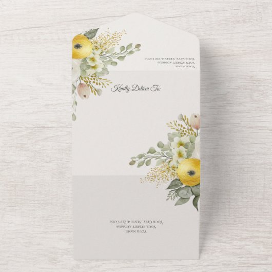 Goud Beige & Sage Groene Bloemen op Beige All In One Uitnodiging (Buitenkant)