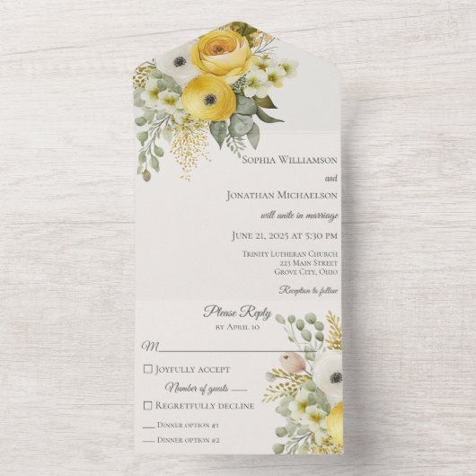 Goud Beige & Sage Groene Bloemen op Beige All In One Uitnodiging (Binnen)