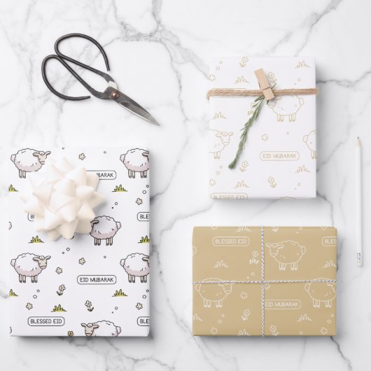 Goud Beige Schaap Eid Mubarak Kinder Inpakpapier Vel (Voorkant)