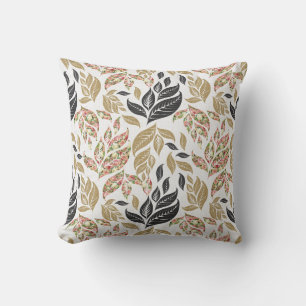 Goud, beige, zwart en roze bladpatroon kussen