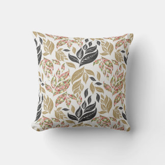 Goud, beige, zwart en roze bladpatroon kussen