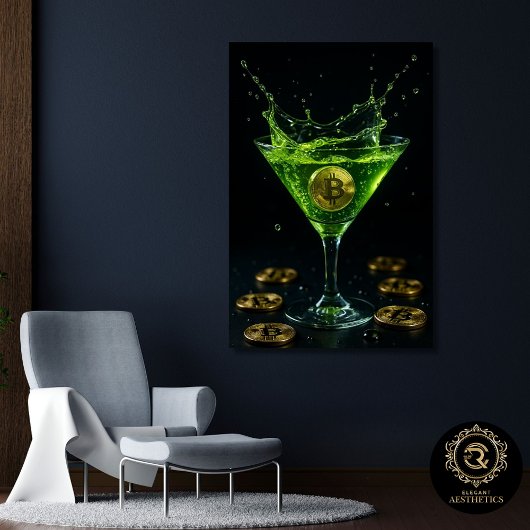 Goud Bitcoin Neon Groene Martini Ingelijst Canvas Afdruk