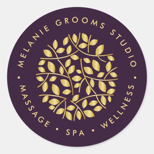 Goud blad logo Paarse wellness massage yoga spa Ronde Sticker (Voorkant)