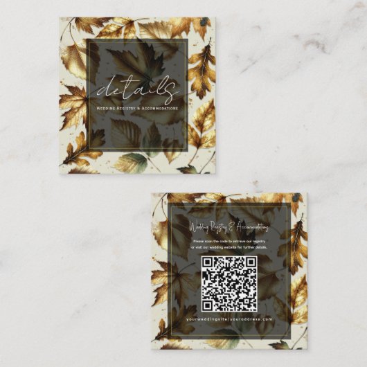 Goud Bladeren Amandelbeige Black Fall Trouwdetail Vierkante Visitekaartje (Voorkant / Achterkant)