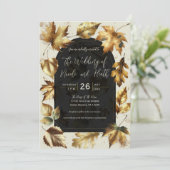 Goud Bladeren Amandelbeige Crème Zwart Fall Weddin Kaart (Staand voorkant)