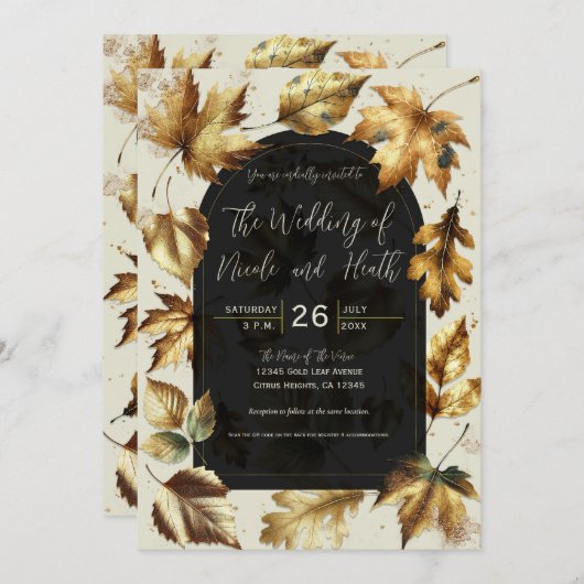 Goud Bladeren Amandelbeige Crème Zwart Fall Weddin Kaart (Voorkant / Achterkant)
