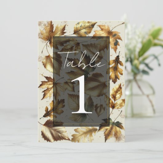 Goud Bladeren Amandelbeige & Zwarte Trouwtafel Kaart (Staand voorkant)