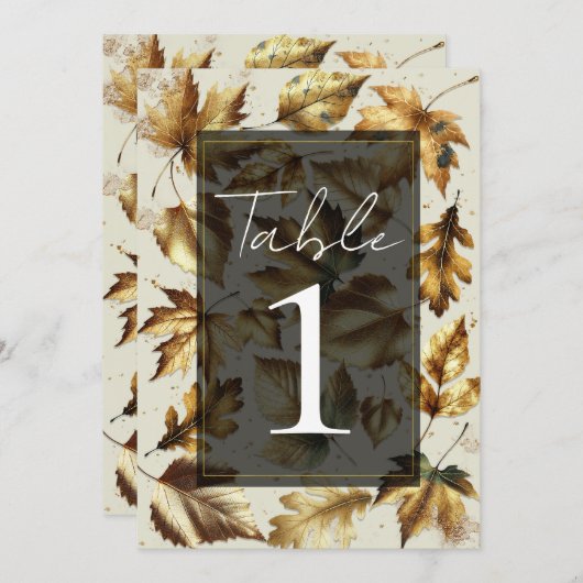 Goud Bladeren Amandelbeige & Zwarte Trouwtafel Kaart (Voorkant / Achterkant)