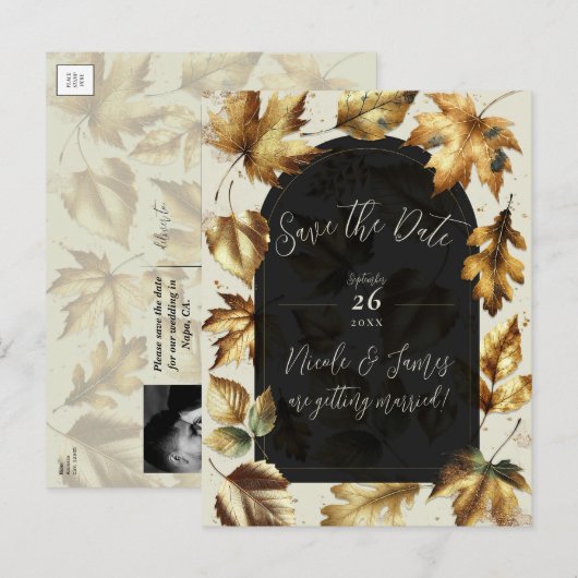 Goud Bladeren Amandelen & Beige Black Glam Fall We Aankondigingskaart (Voorkant / Achterkant)